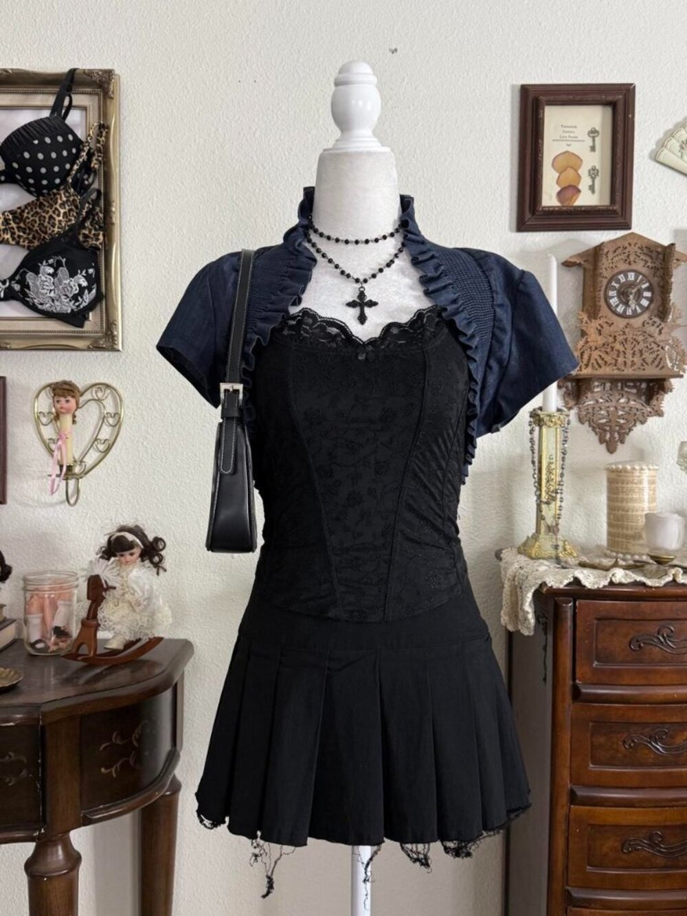 Y2k girly grunge vampy dark wash denim ruffled cropped short sleeve bolero cardi